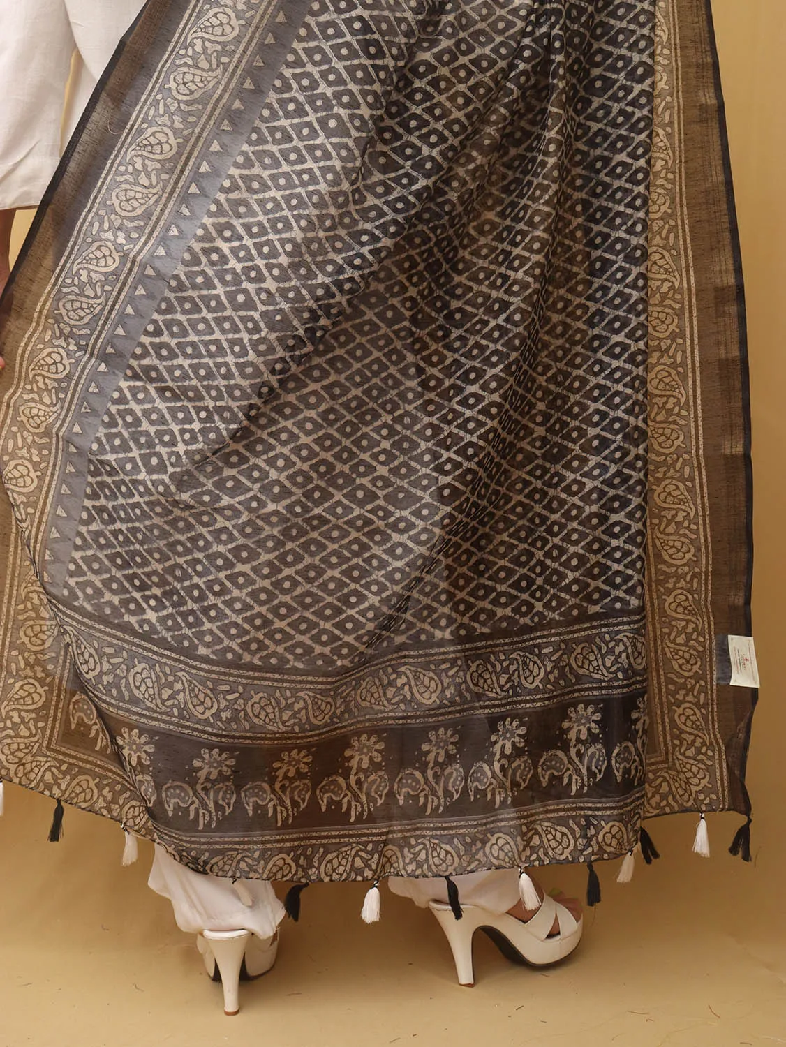 Black Block Printed Chanderi Silk Dupatta