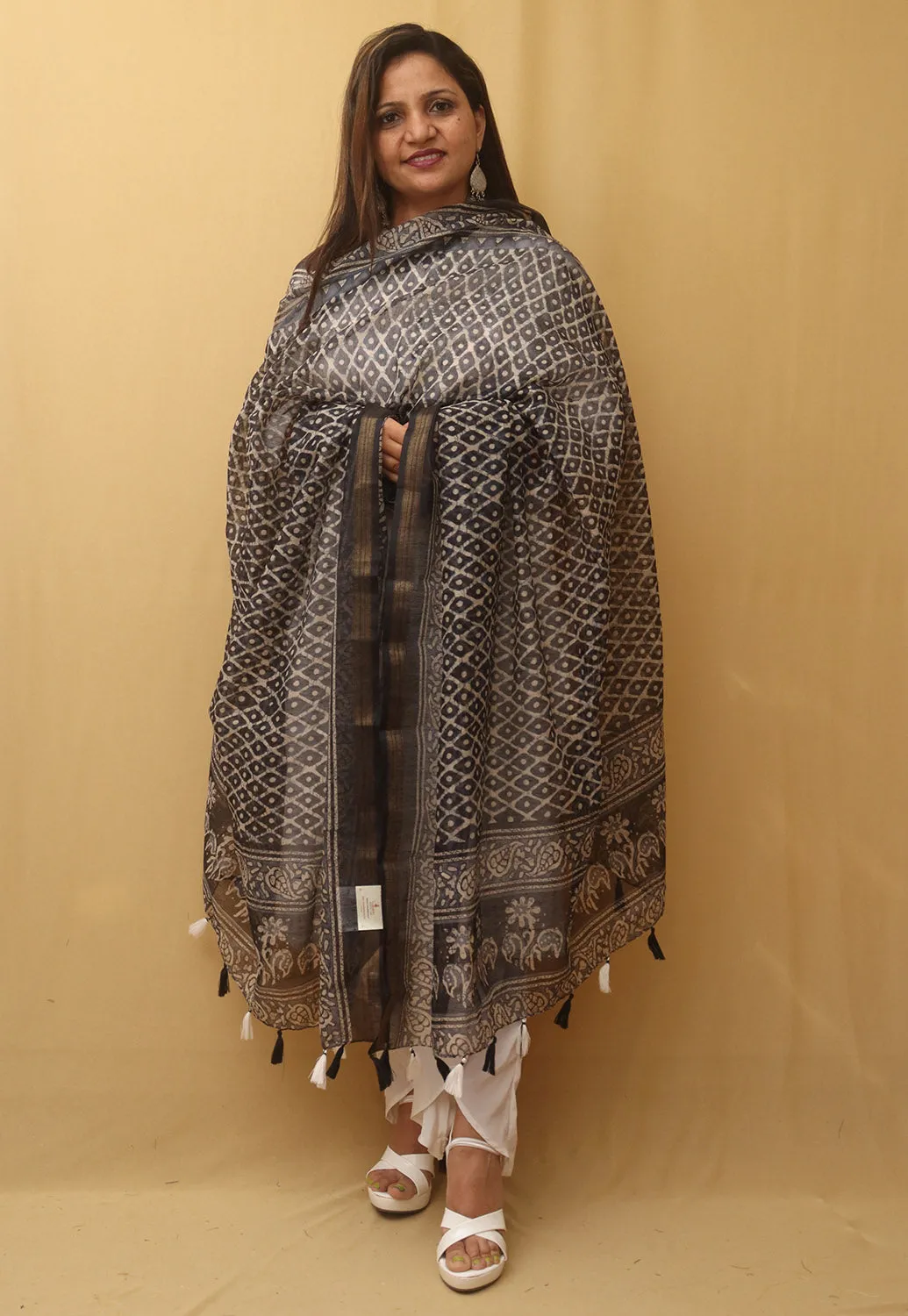 Black Block Printed Chanderi Silk Dupatta