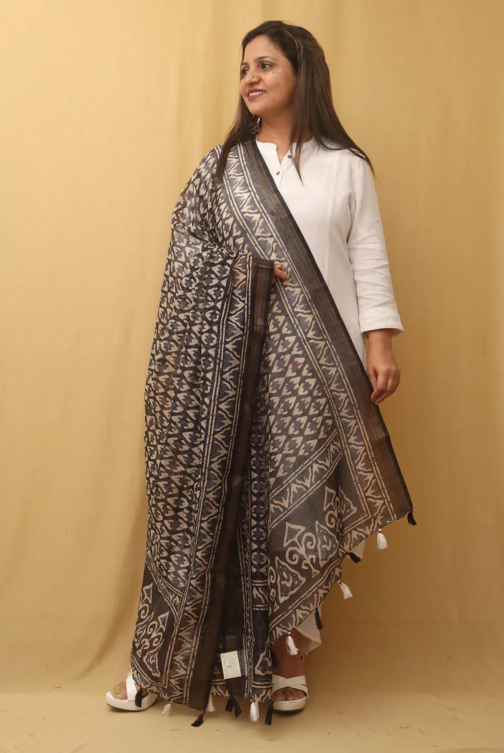 Black Block Printed Chanderi Silk Dupatta