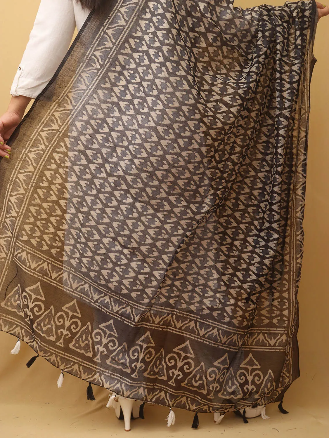 Black Block Printed Chanderi Silk Dupatta