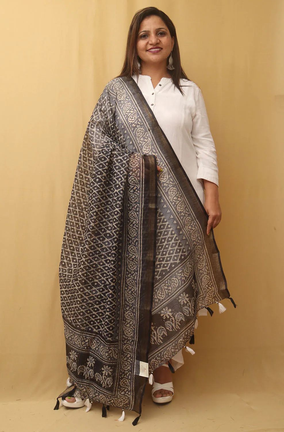 Black Block Printed Chanderi Silk Dupatta