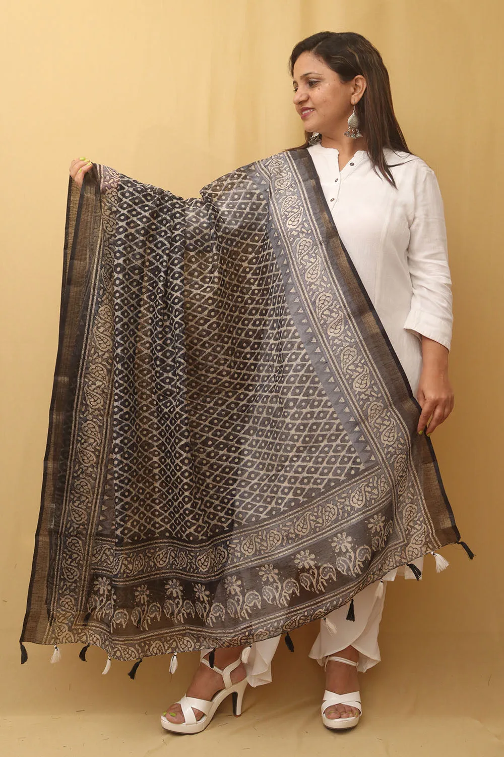 Black Block Printed Chanderi Silk Dupatta