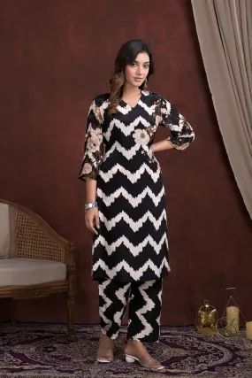 Black Chevron Printed Mosche Silk kurta with Pants