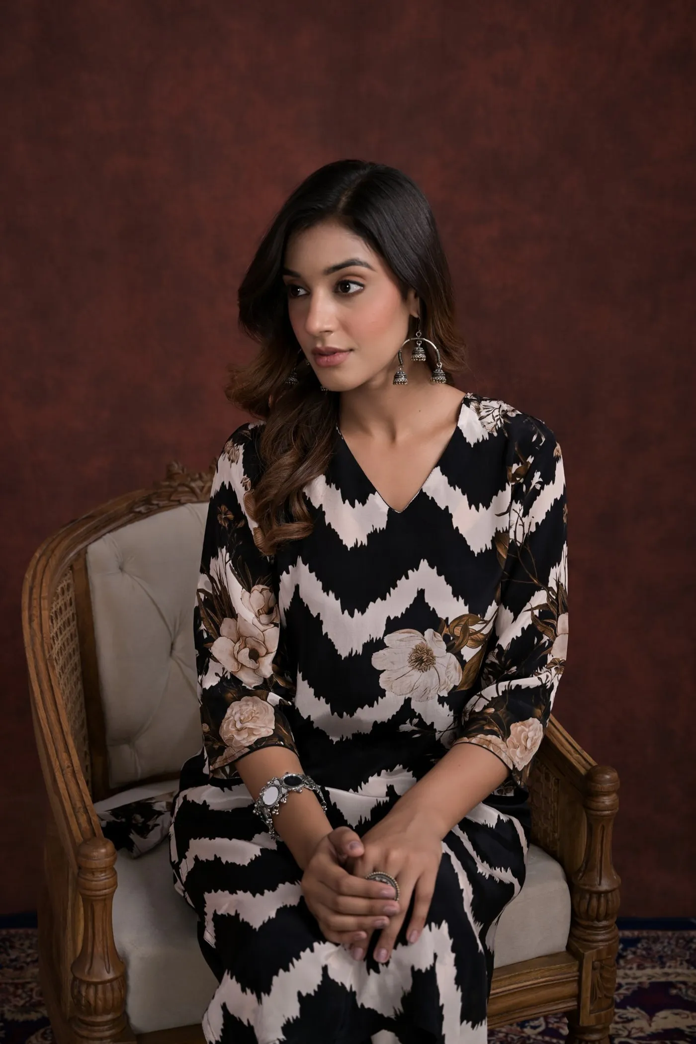 Black Chevron Printed Mosche Silk kurta with Pants