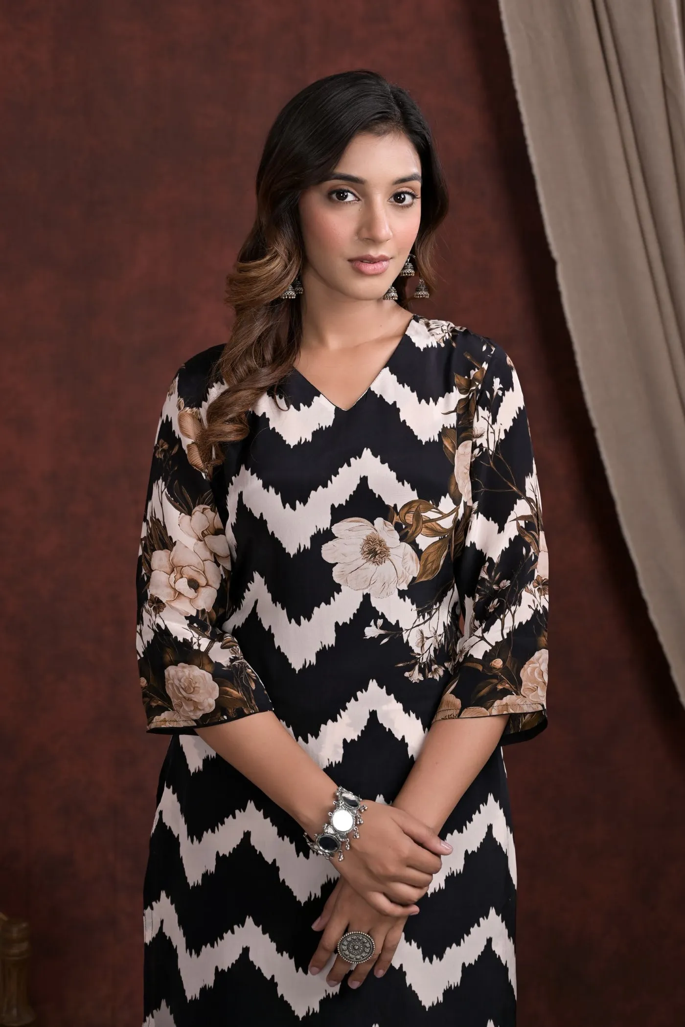 Black Chevron Printed Mosche Silk kurta with Pants