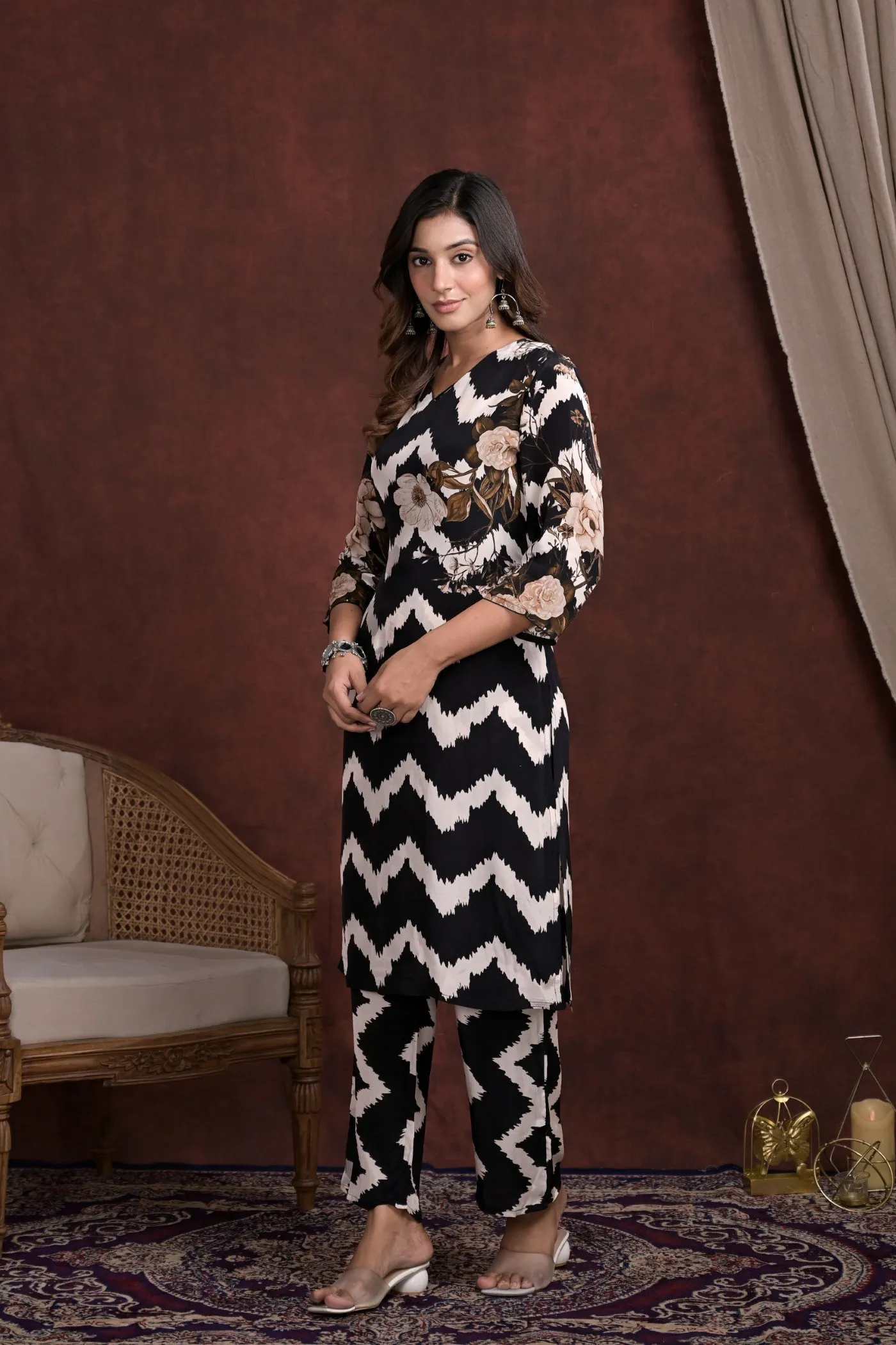 Black Chevron Printed Mosche Silk kurta with Pants