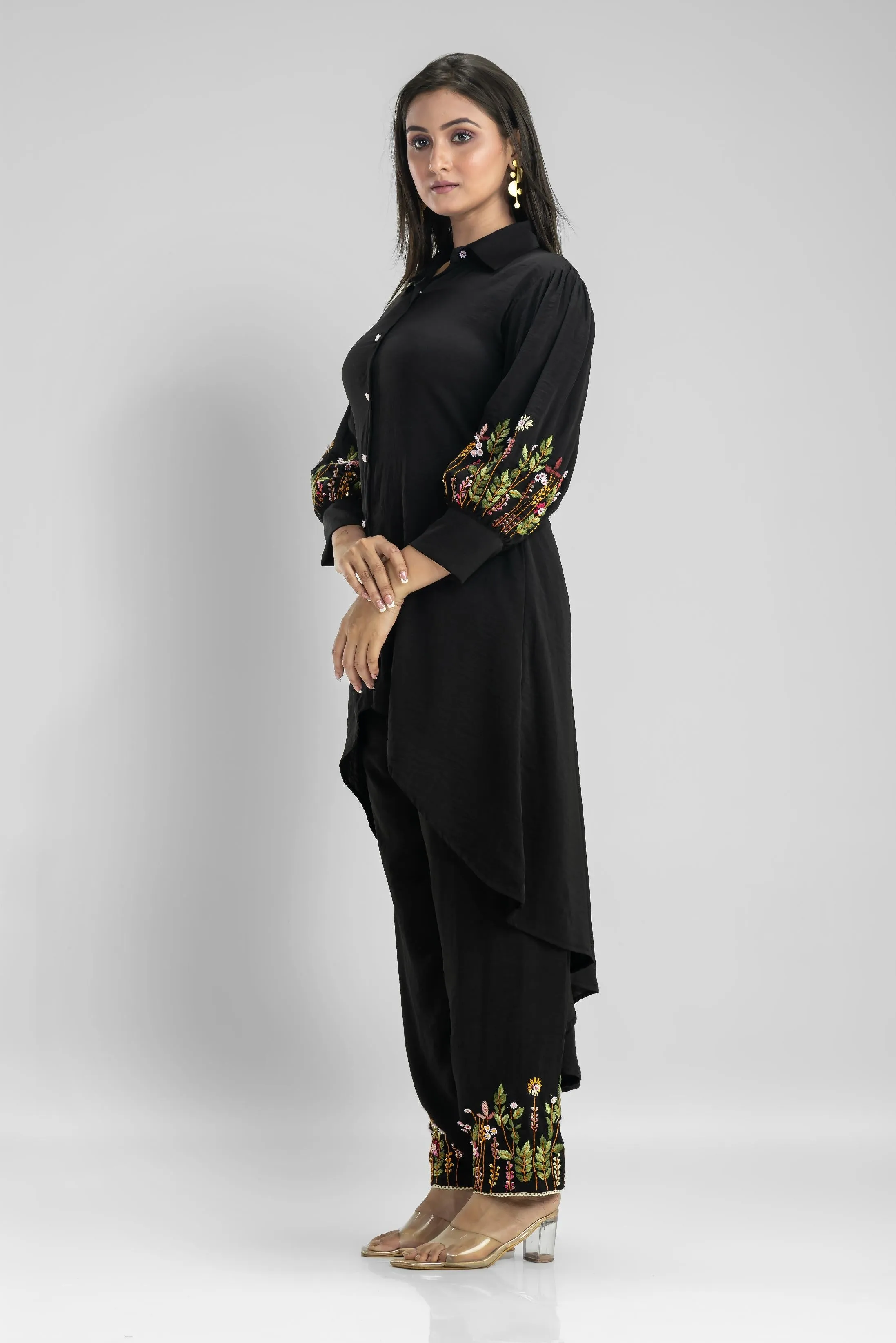 Black Embroidered German Silk Co-Ord Set