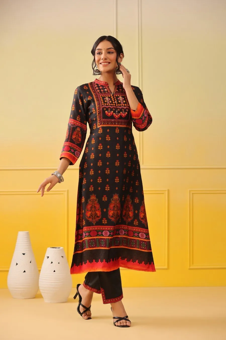 Black Ethnic Tussar Silk Kurta with Pant