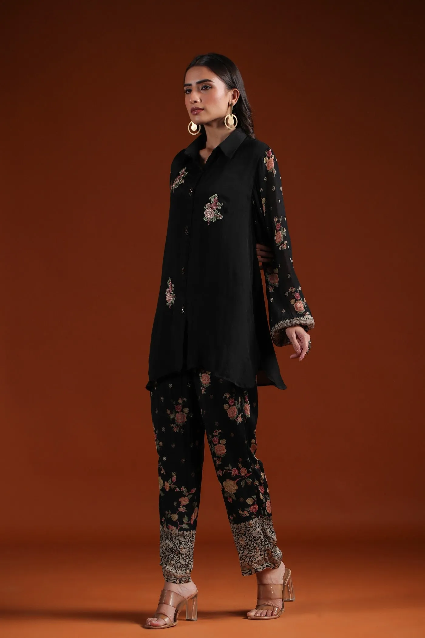 Black Floral Chinon Silk Co-ord Set