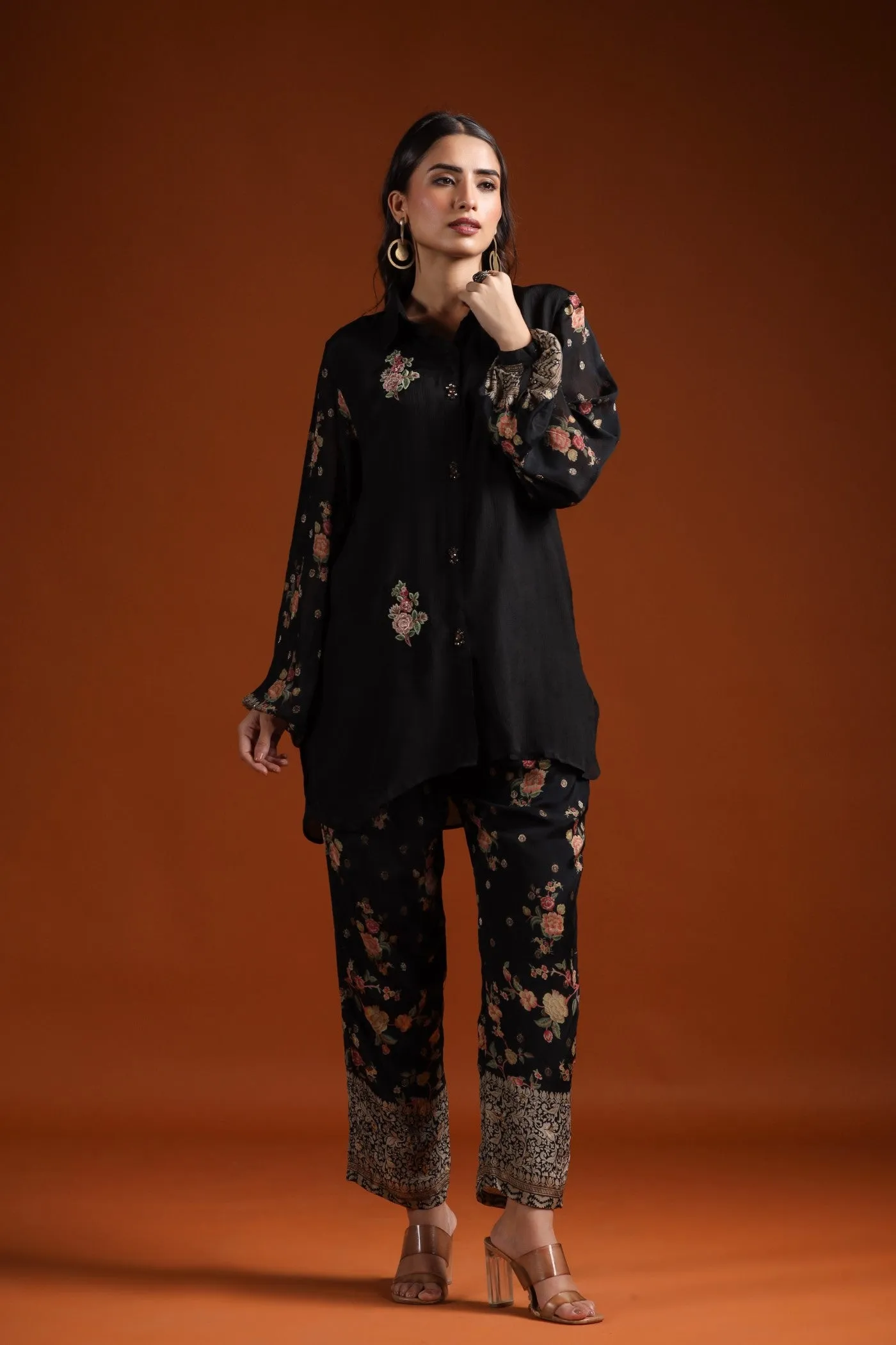 Black Floral Chinon Silk Co-ord Set