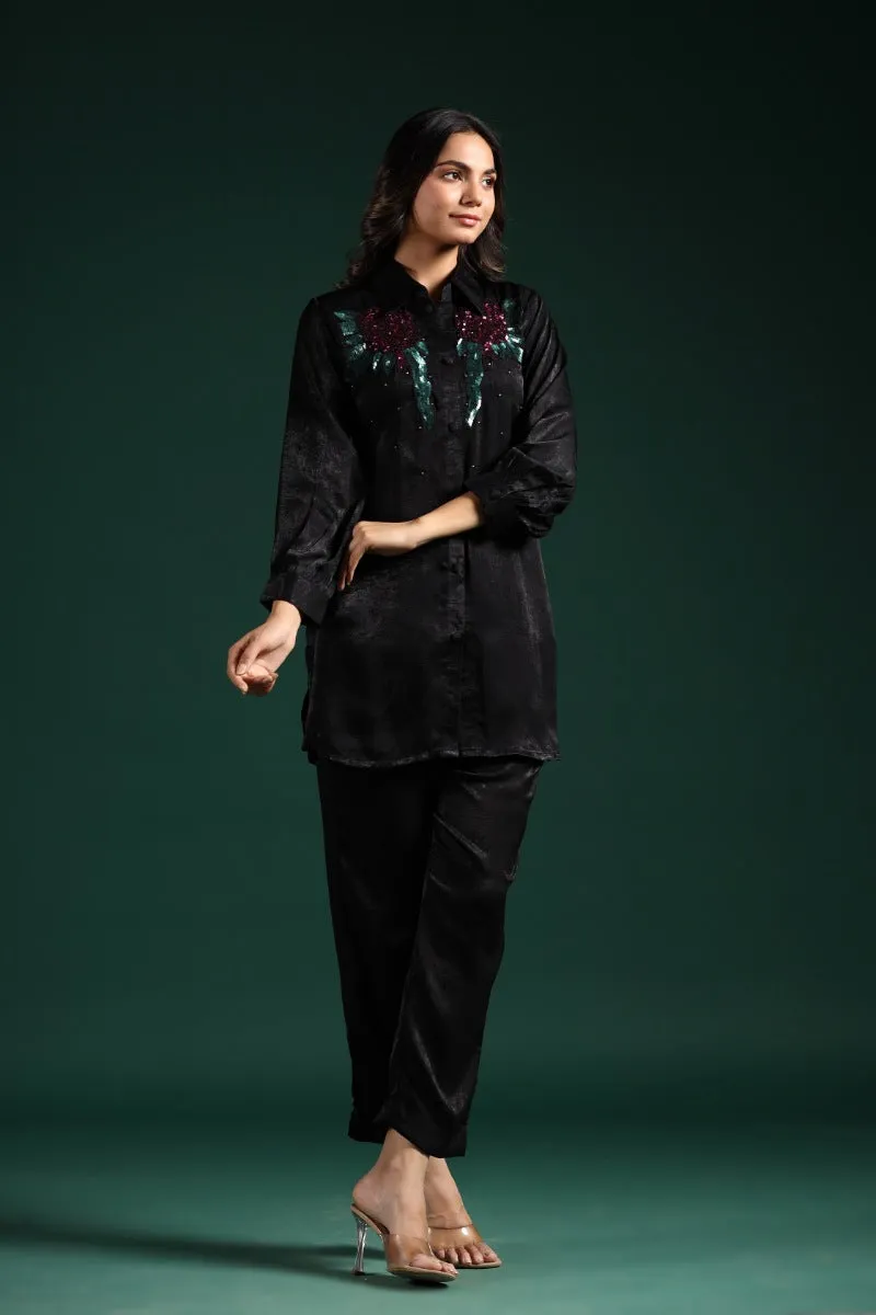 Black Floral Embroidered Kashmiri Silk Co-Ord Set