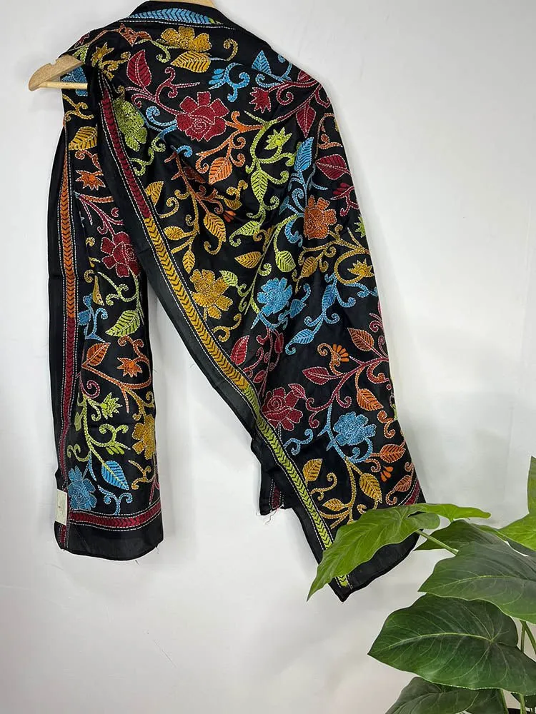 Black Hand Embroidered Kantha Pure Bangalore Silk Stole