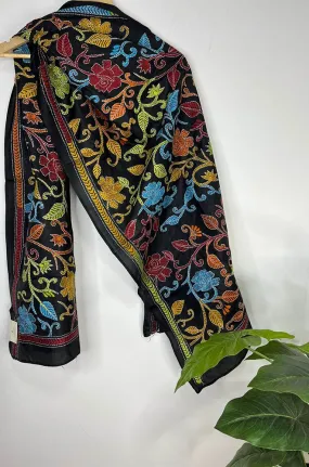 Black Hand Embroidered Kantha Pure Bangalore Silk Stole