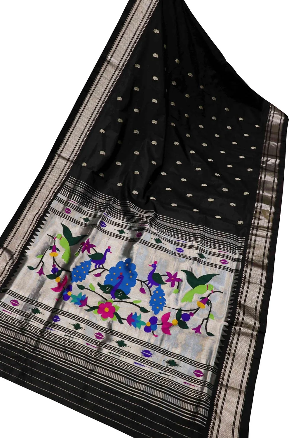 Black Handloom Paithani Pure Silk Peacock And Parrot Design Saree