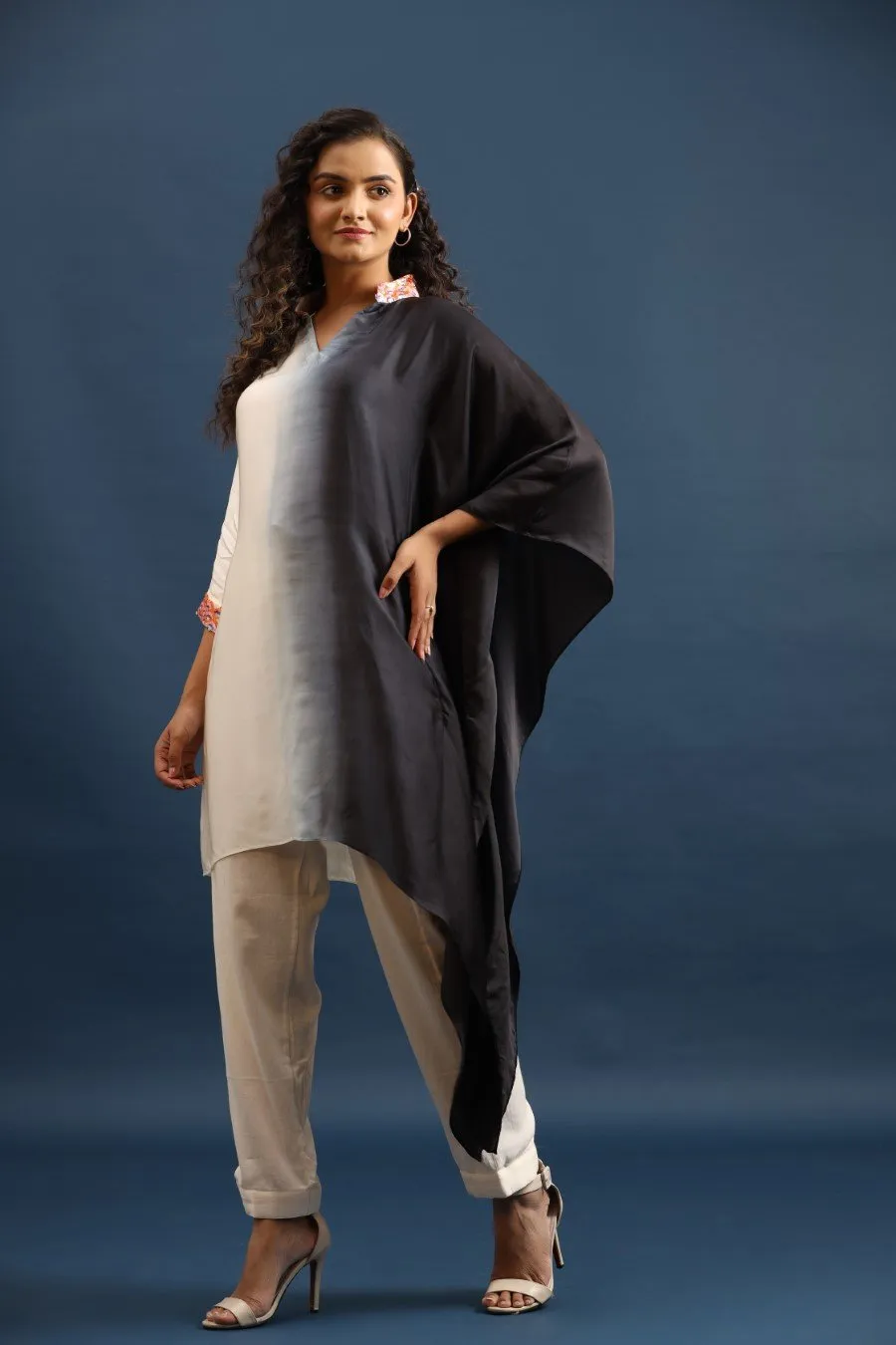 Black Ombre Satin Silk Kaftan with Pants