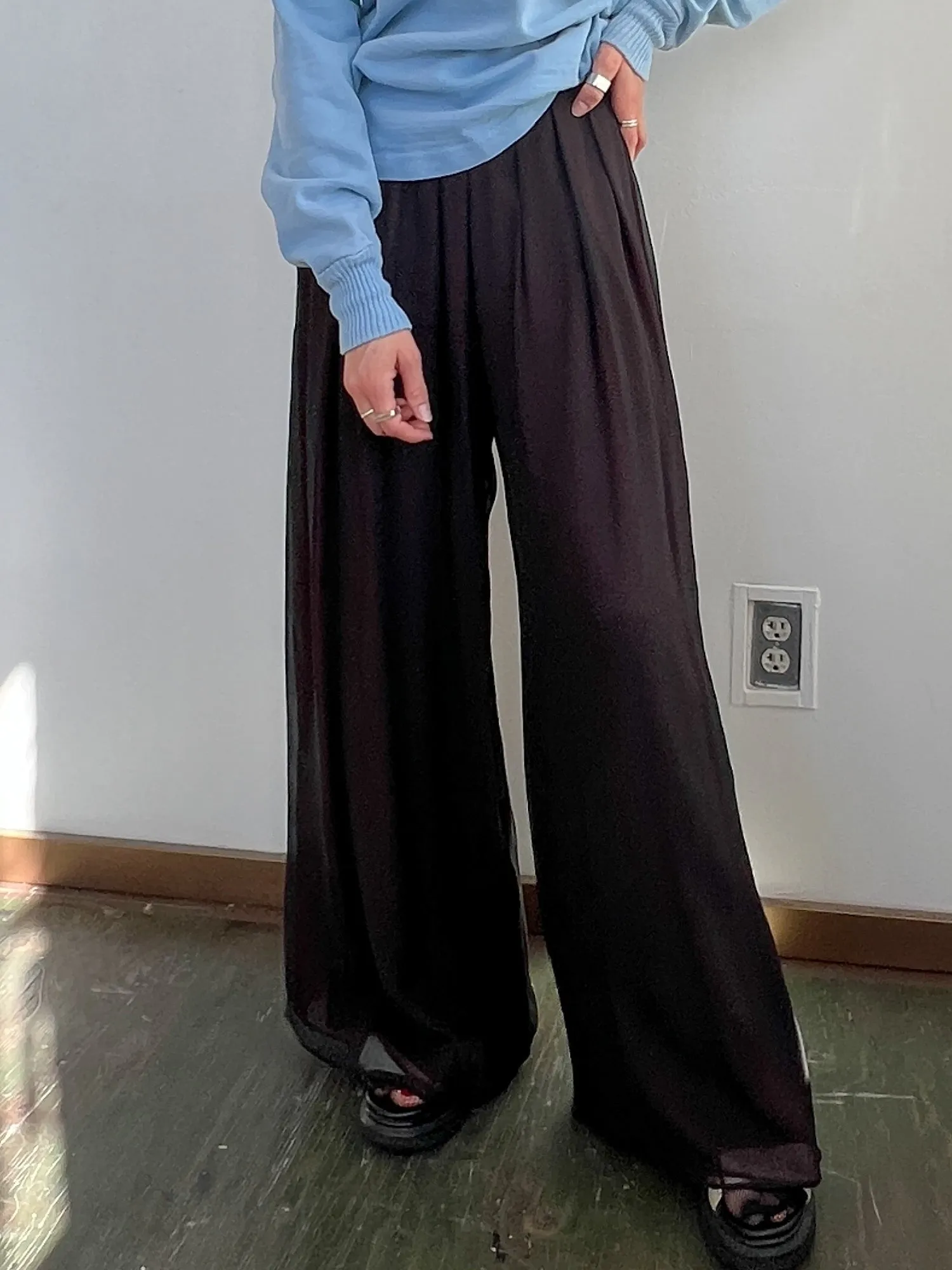 Black Silk Wide Leg Pants (M)