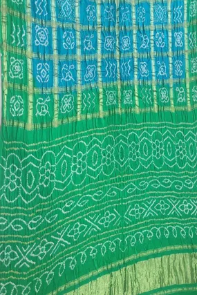 Blue And Green Checks Bandhani Pure Gajji Silk Gharchola Saree