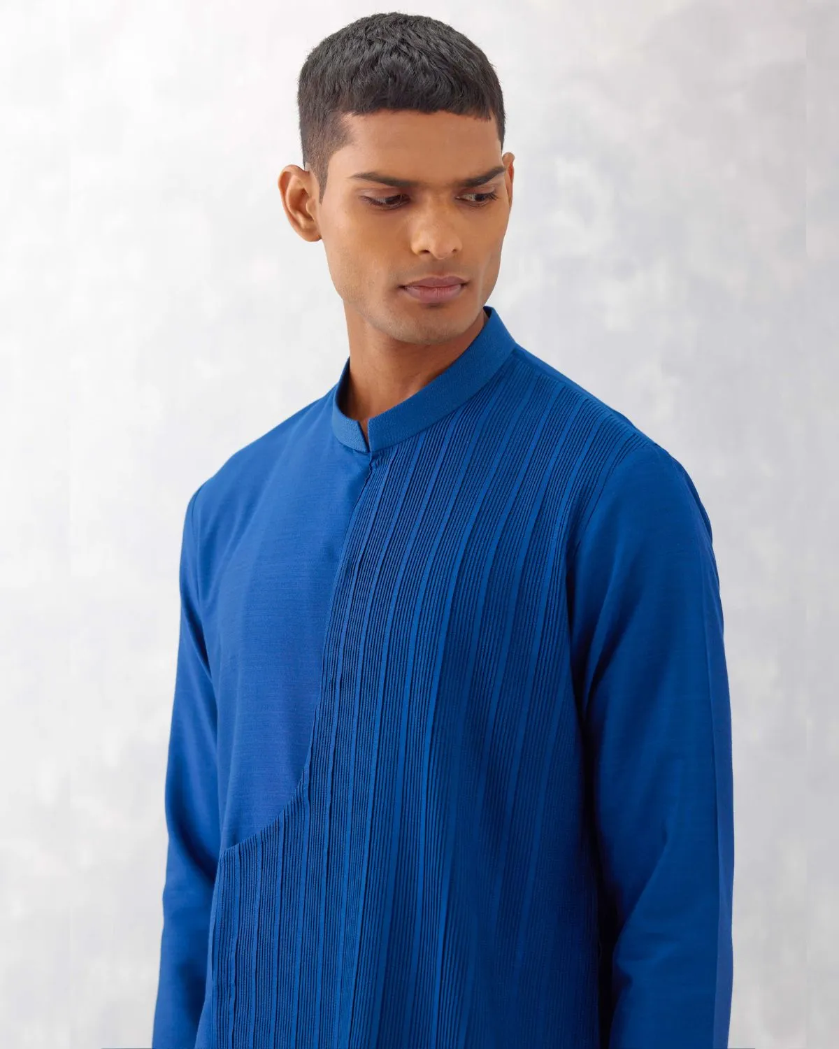 Blue Cotton Silk Blend Pin Tucks Kurta Set