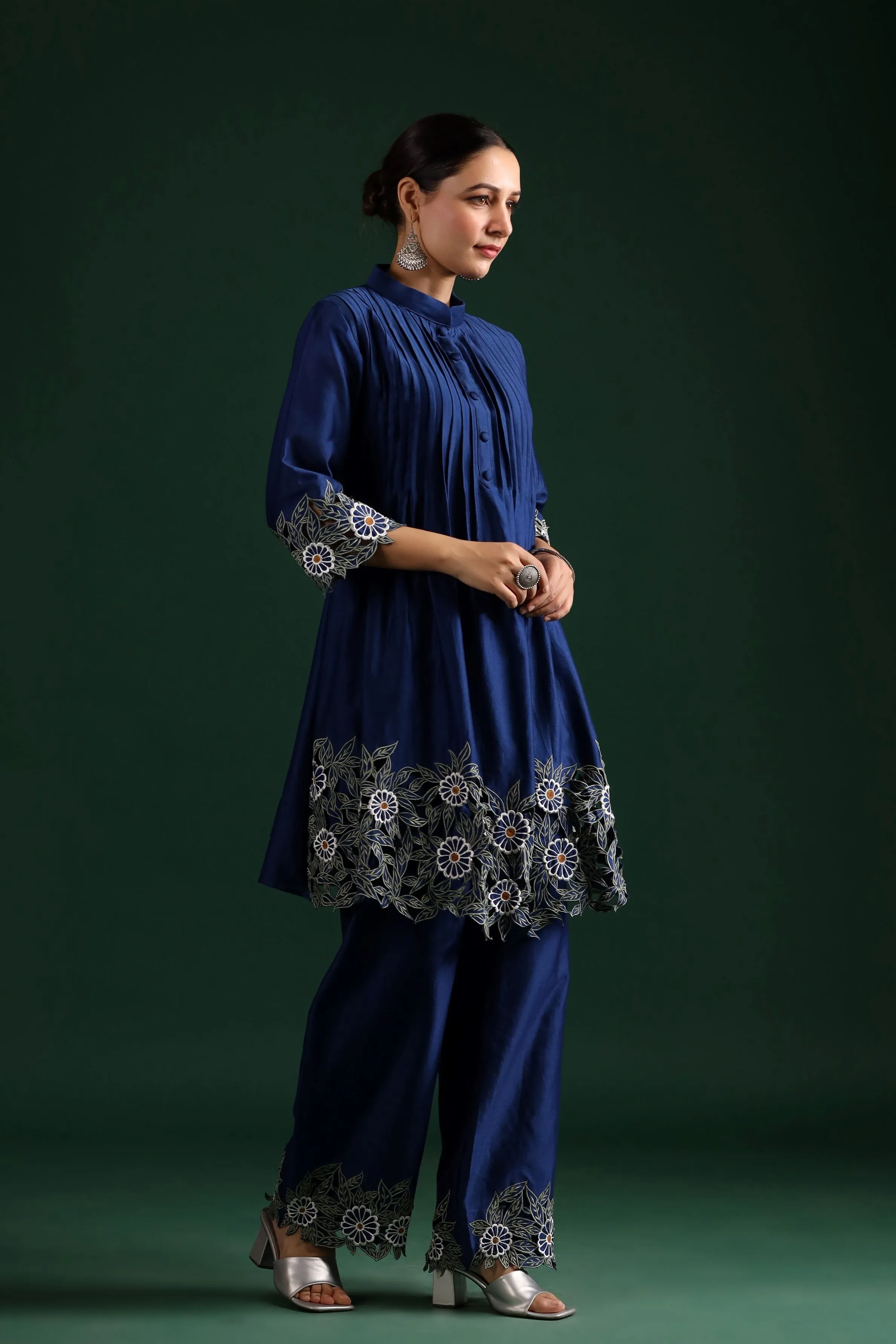 Blue Cut Work Chanderi Silk Pants Set