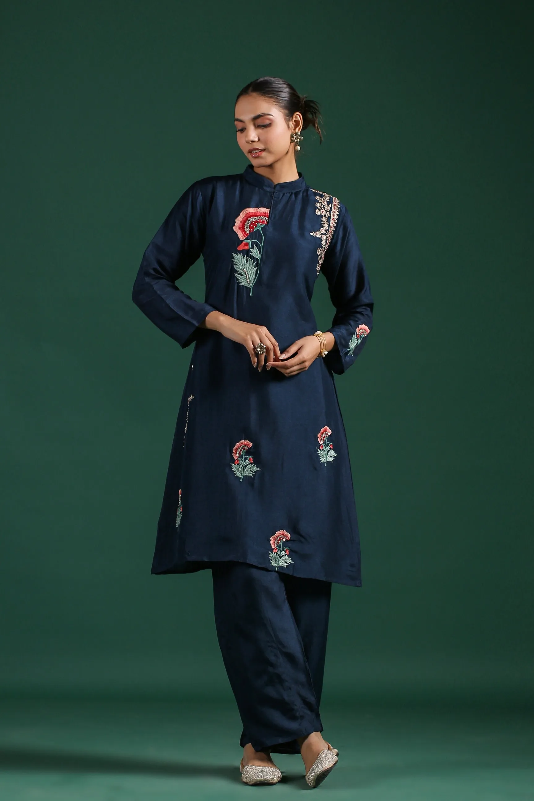 Blue Embroidered Dola Silk Pants Set