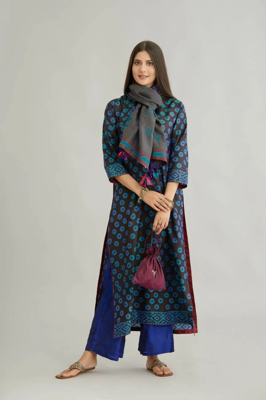 Blue Printed Silk Kurta Set