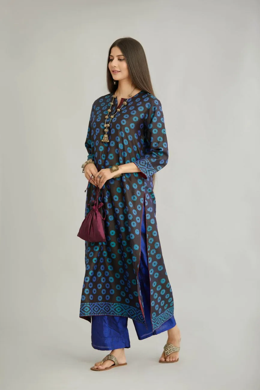 Blue Printed Silk Kurta Set