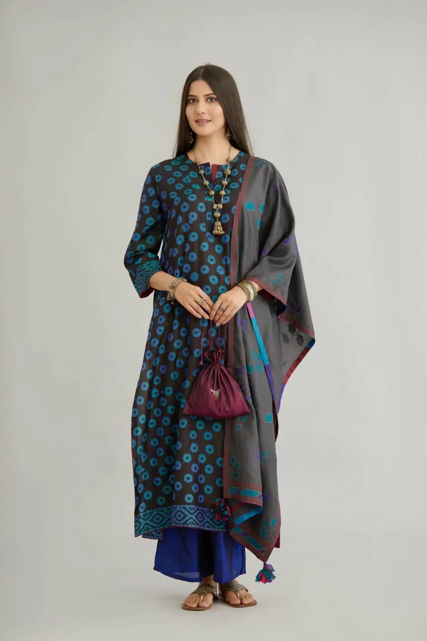 Blue Printed Silk Kurta Set