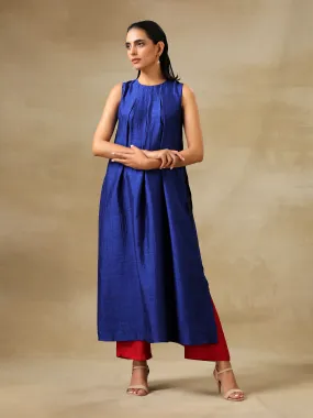 Blue Textured Silk Sleeveless Kurta Pant Set