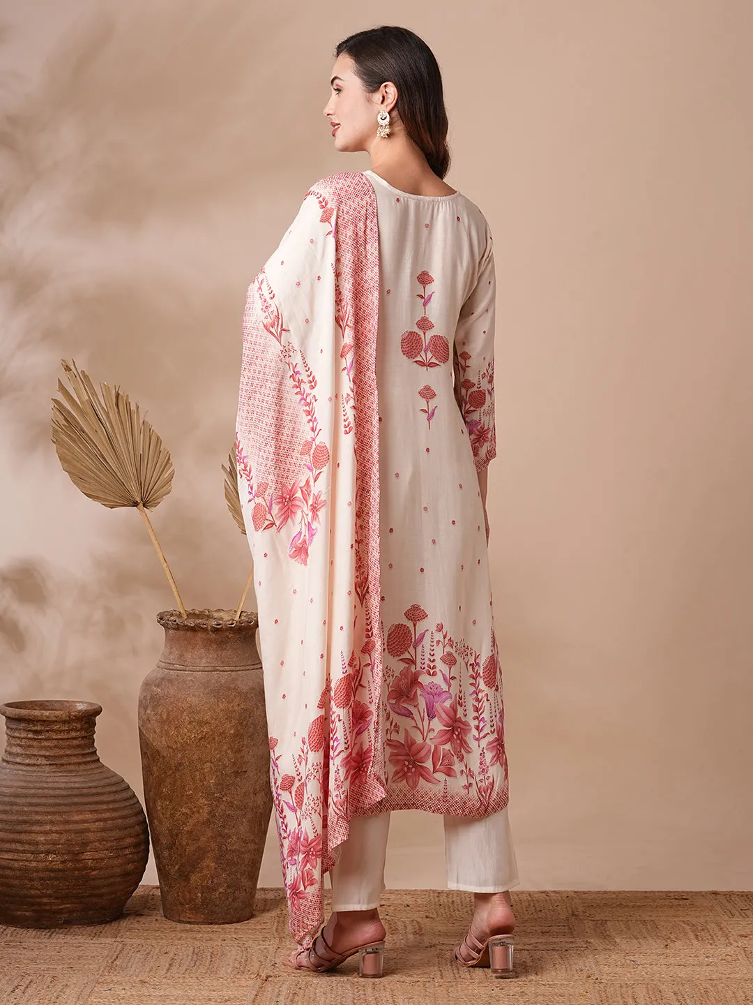 Botanical Floral Printed & Sequined Straight Kurta with Pant & Dupatta - Off White