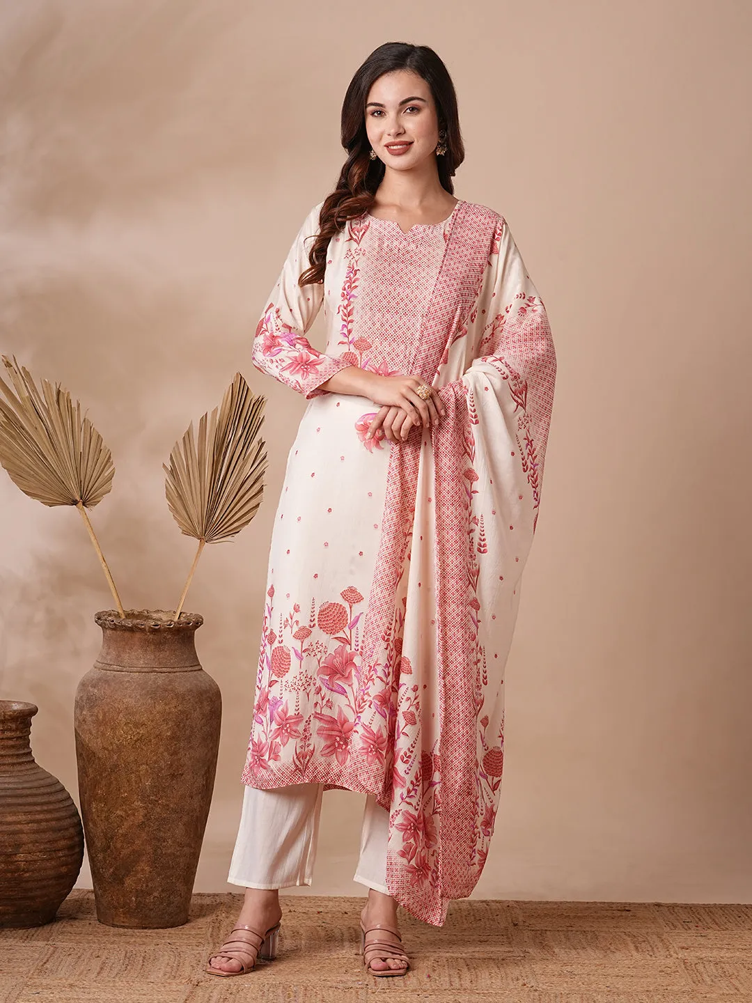 Botanical Floral Printed & Sequined Straight Kurta with Pant & Dupatta - Off White