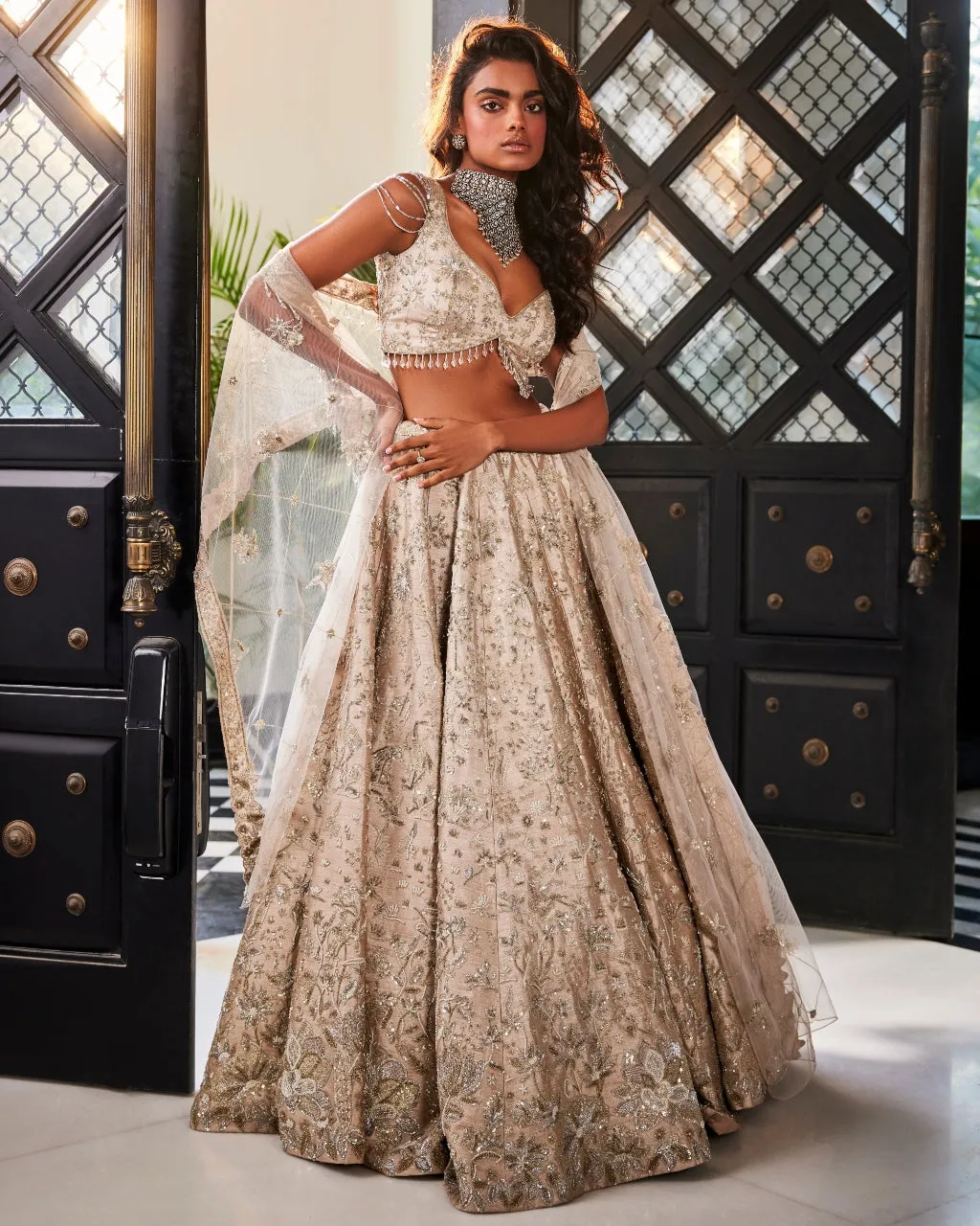 Bouquet Grey Embroidered Raw Silk Lehenga Set