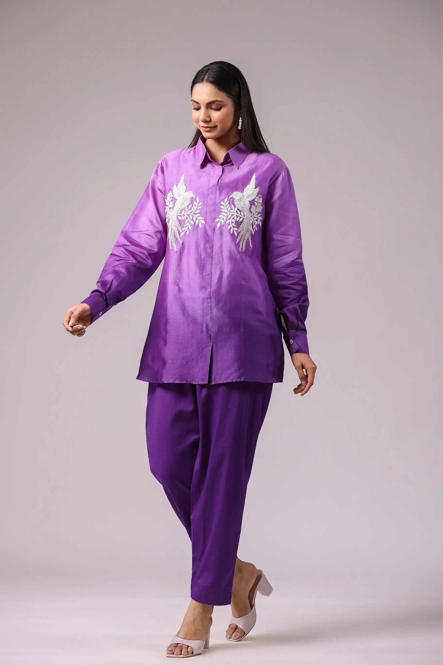 Bright Lilac Embroidered Modal Tussar Silk Co-Ord Set