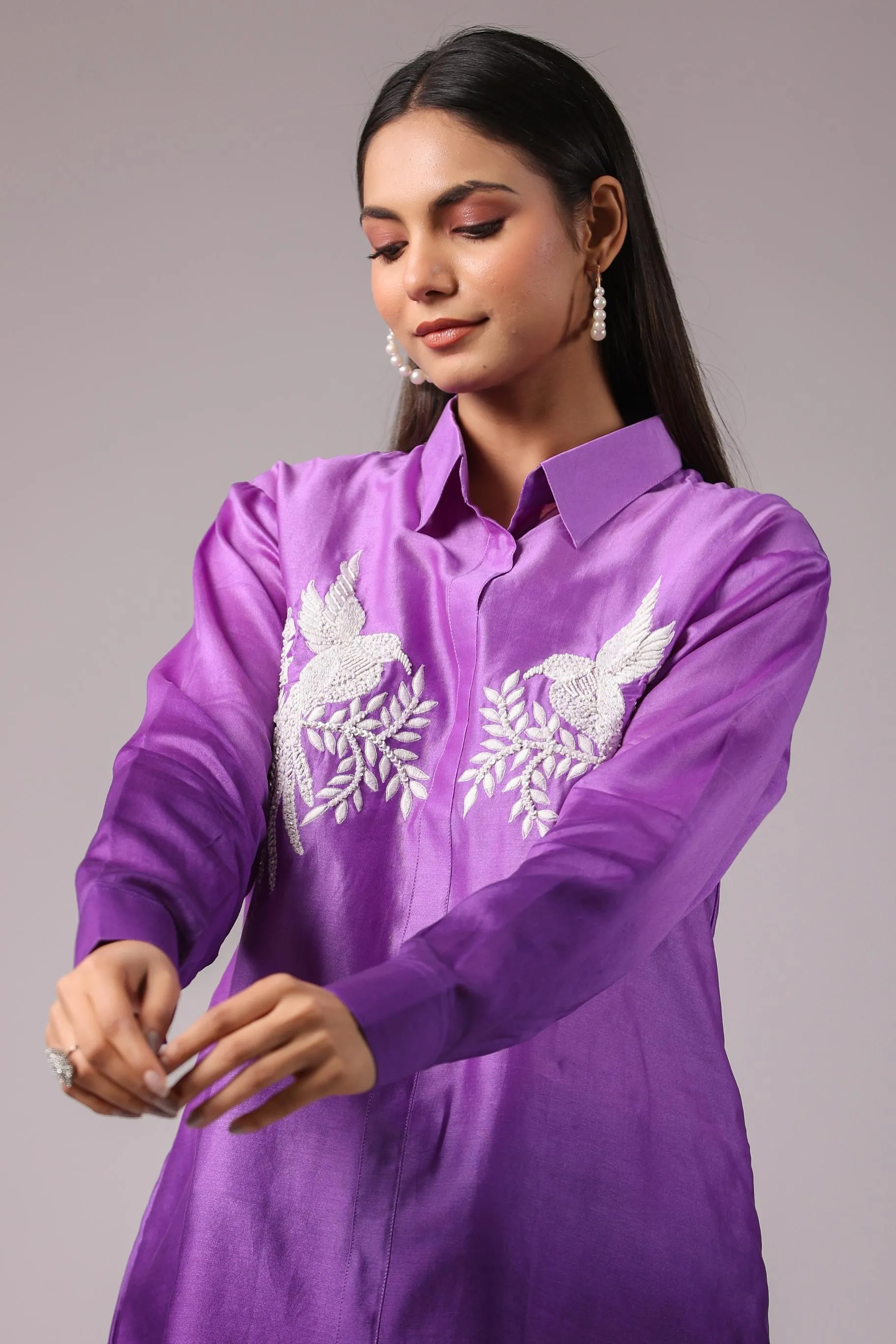 Bright Lilac Embroidered Modal Tussar Silk Co-Ord Set