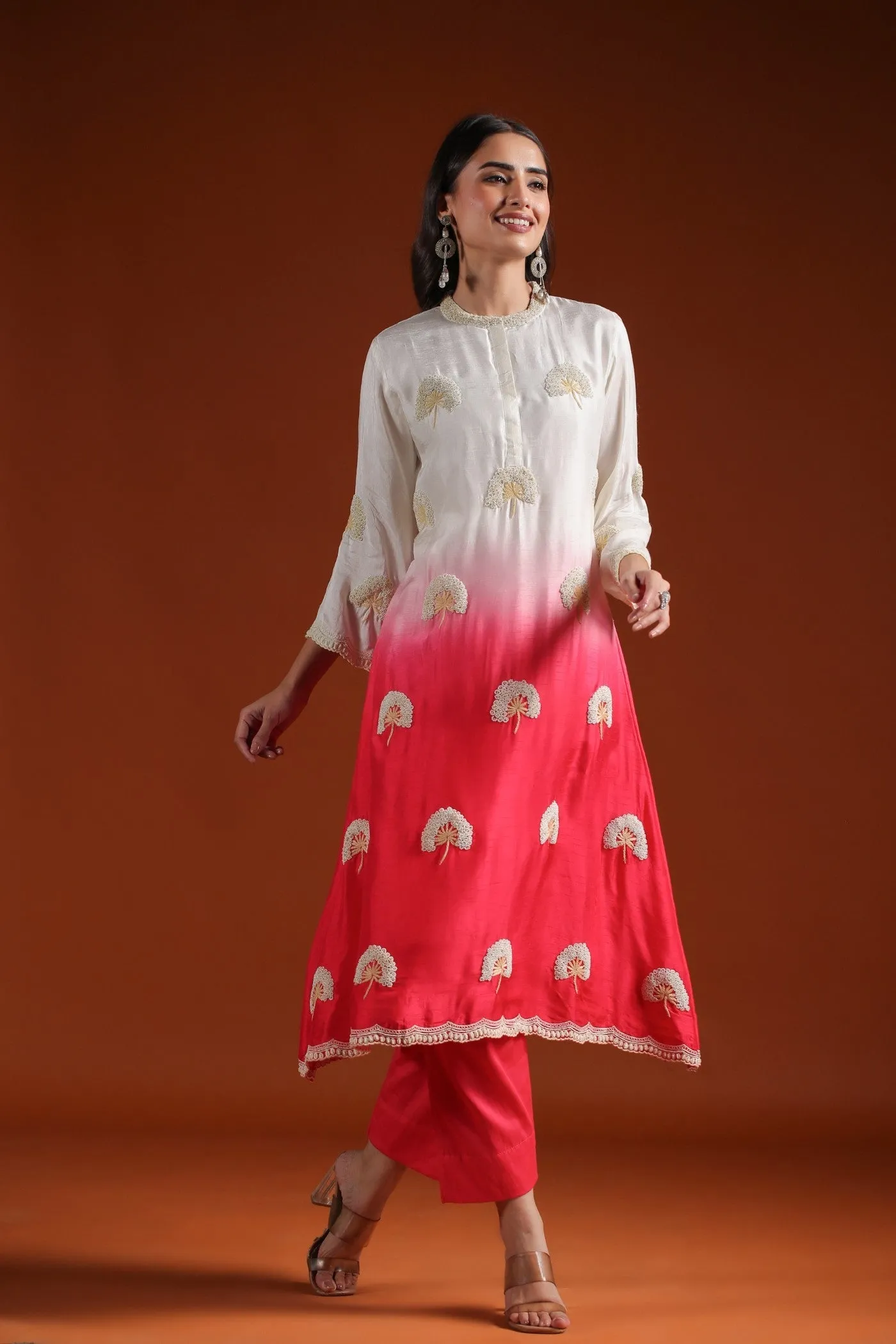 Bright Peach Beads Embroidered Ombre Kurta with Pant