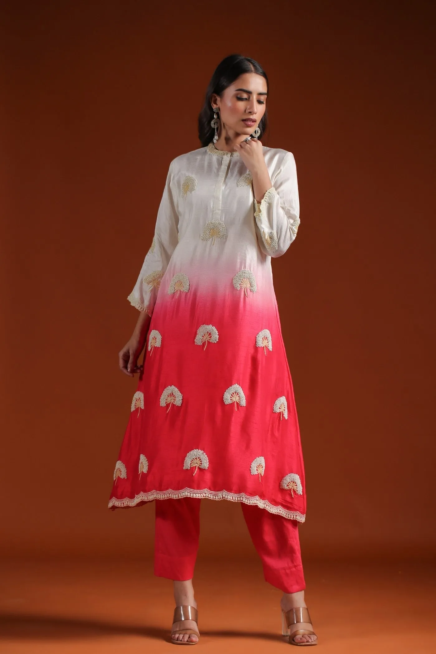 Bright Peach Beads Embroidered Ombre Kurta with Pant