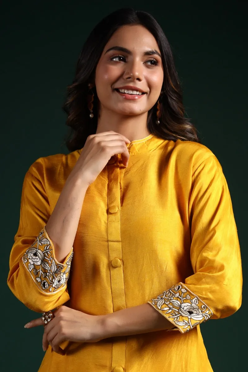 Bright Yellow Embroidered Raw Silk Co-Ord Set