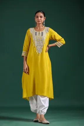 Bright Yellow Embroidered Raw Silk Pants Set