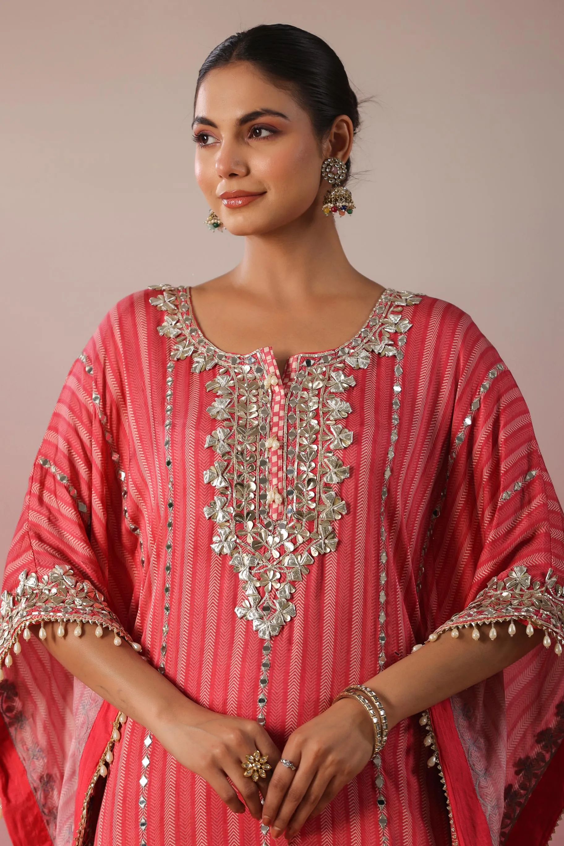 Brink Pink Embellished Premium Silk Kaftan Dhoti Set