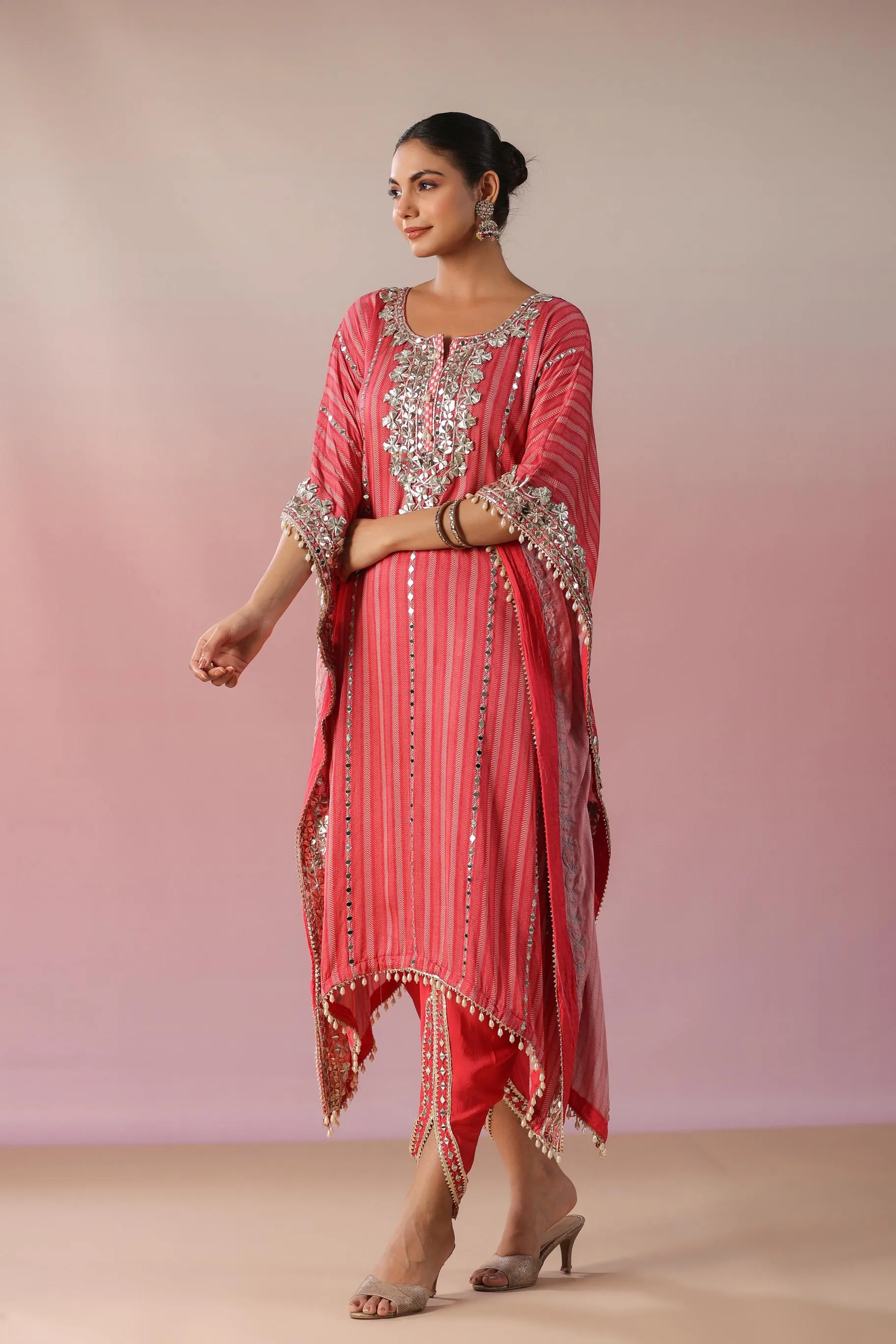 Brink Pink Embellished Premium Silk Kaftan Dhoti Set