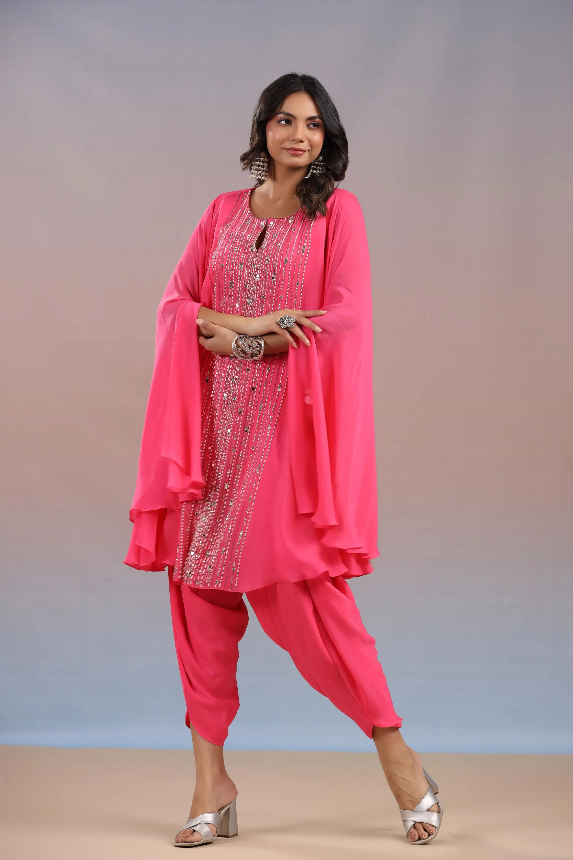 Brink Pink Embellished Vama Georgette Silk Tunic & Dhoti Pants Set