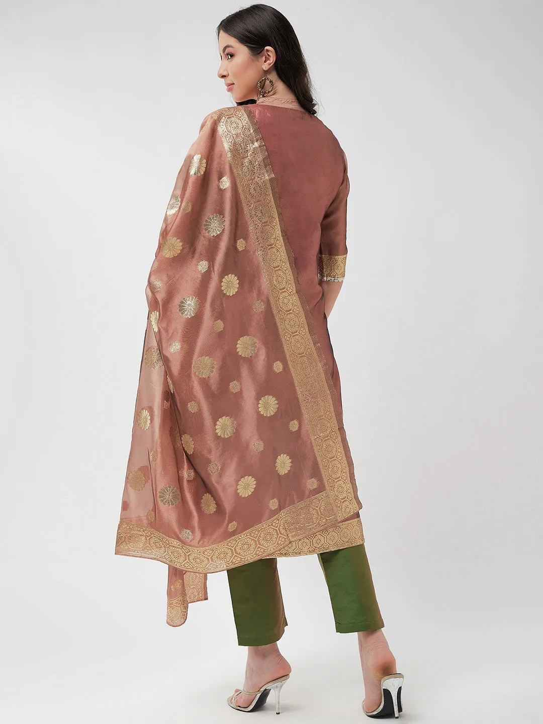 Brocade Jacquard Festive Kurta With Dupatta And Matching Pants