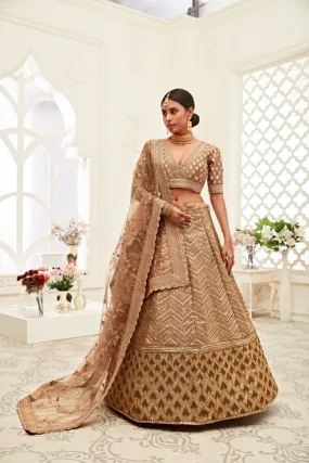 Elegant Brown Slub Silk Lehenga with Zari Embroidery - Rent Now!