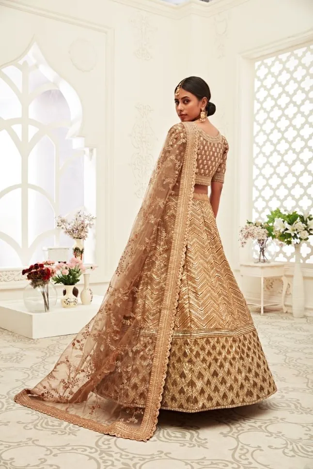 Elegant Brown Slub Silk Lehenga with Zari Embroidery - Rent Now!