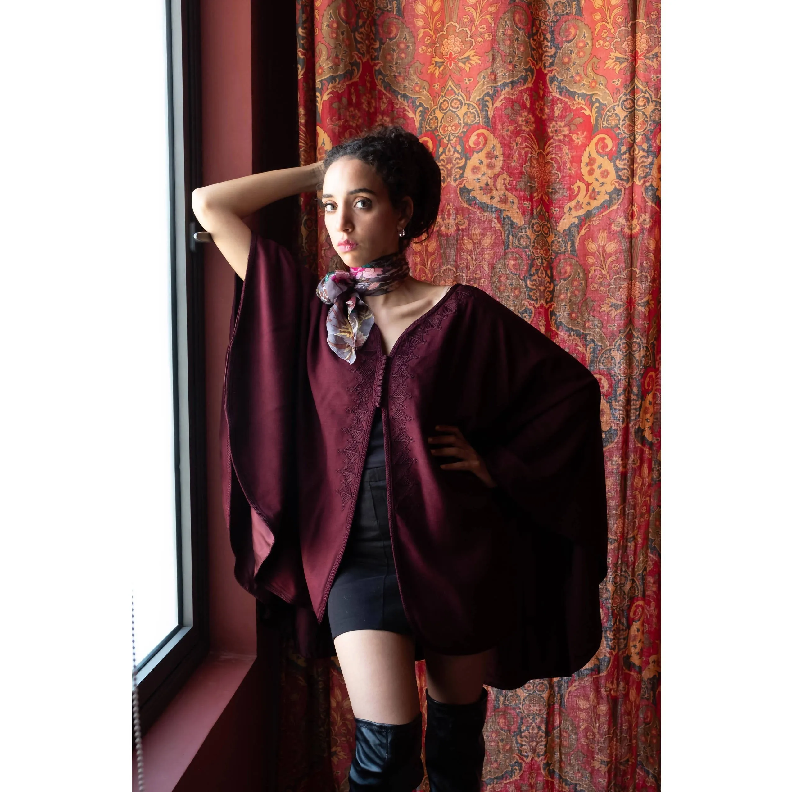 Burgundy Emroidred wool and cashmere burgundy cape