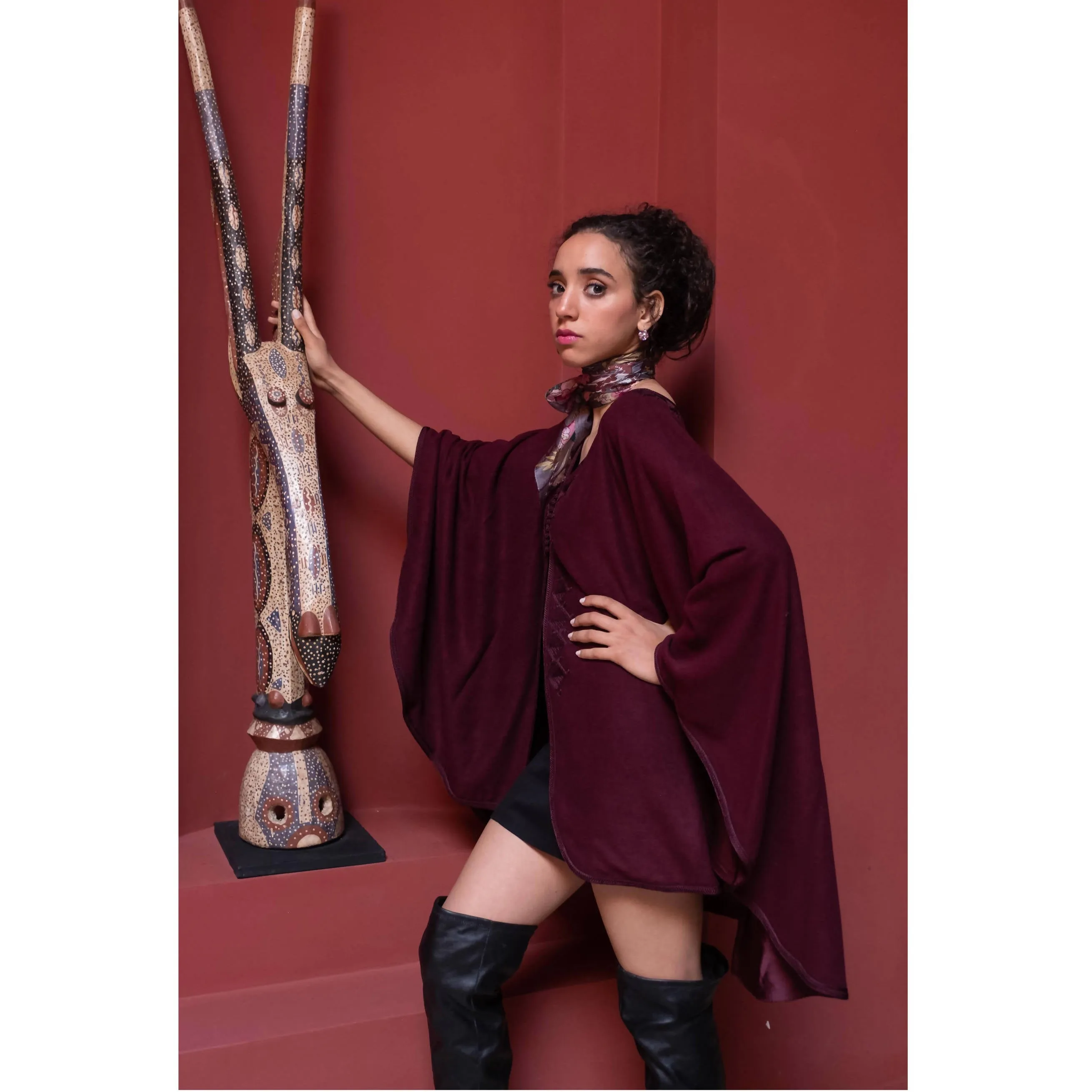 Burgundy Emroidred wool and cashmere burgundy cape