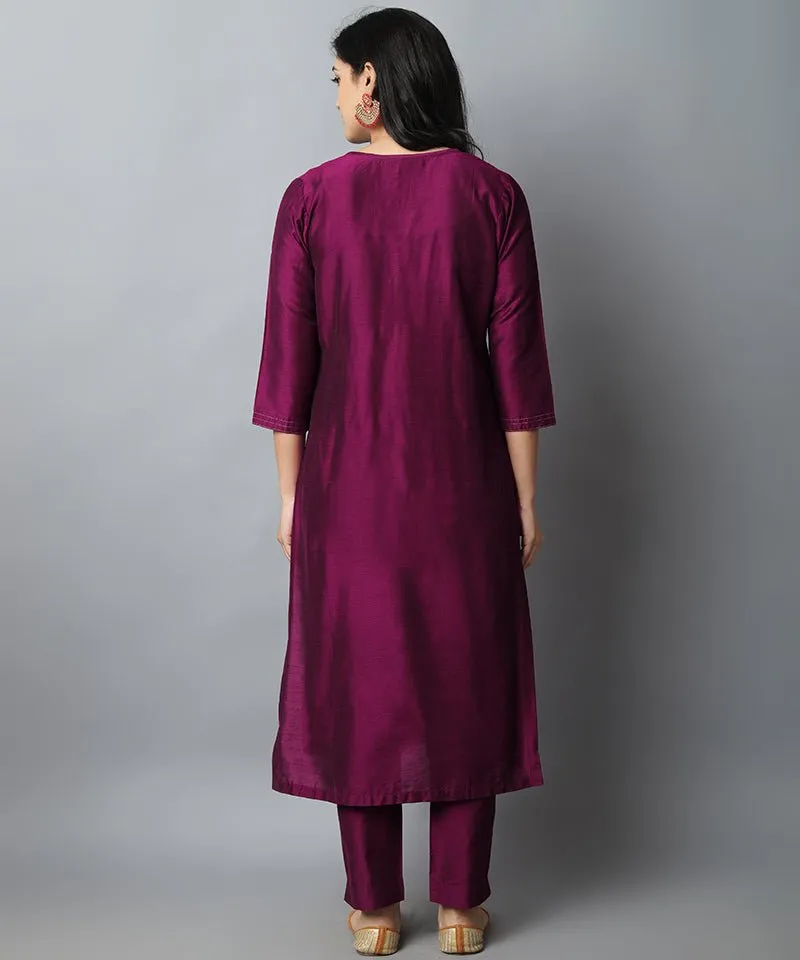 Burgundy Silk Sonapani Kurta Pants Set