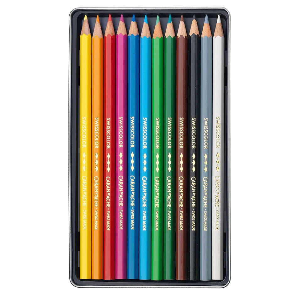 Caran d'Ache Swisscolor Water-Resistant Colouring Pencils Metal Box of 12