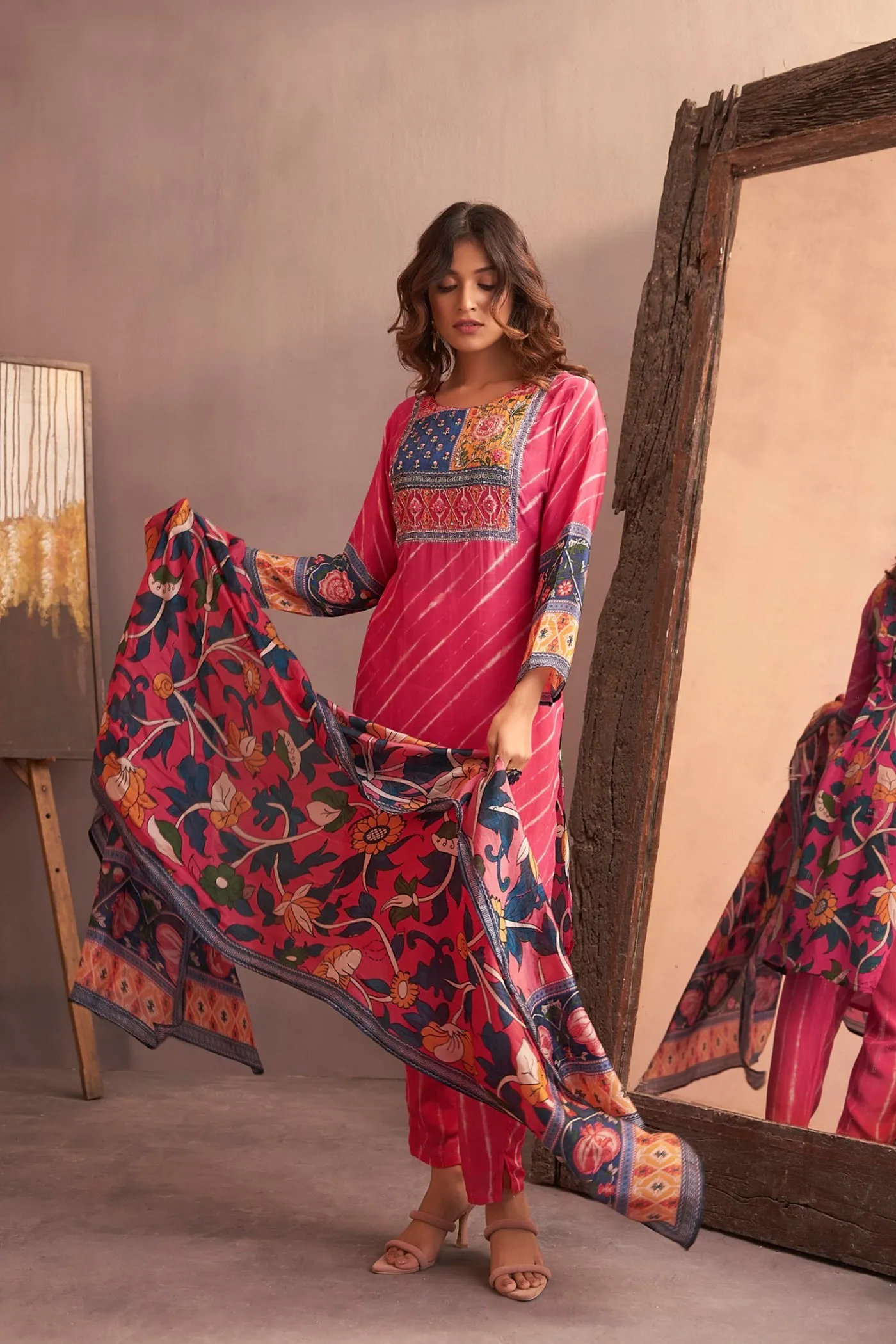 Cerise Pink Leheria Printed Embellished Kurta Set