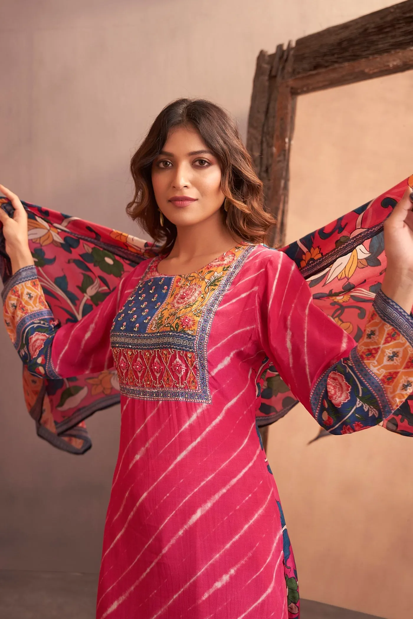 Cerise Pink Leheria Printed Embellished Kurta Set