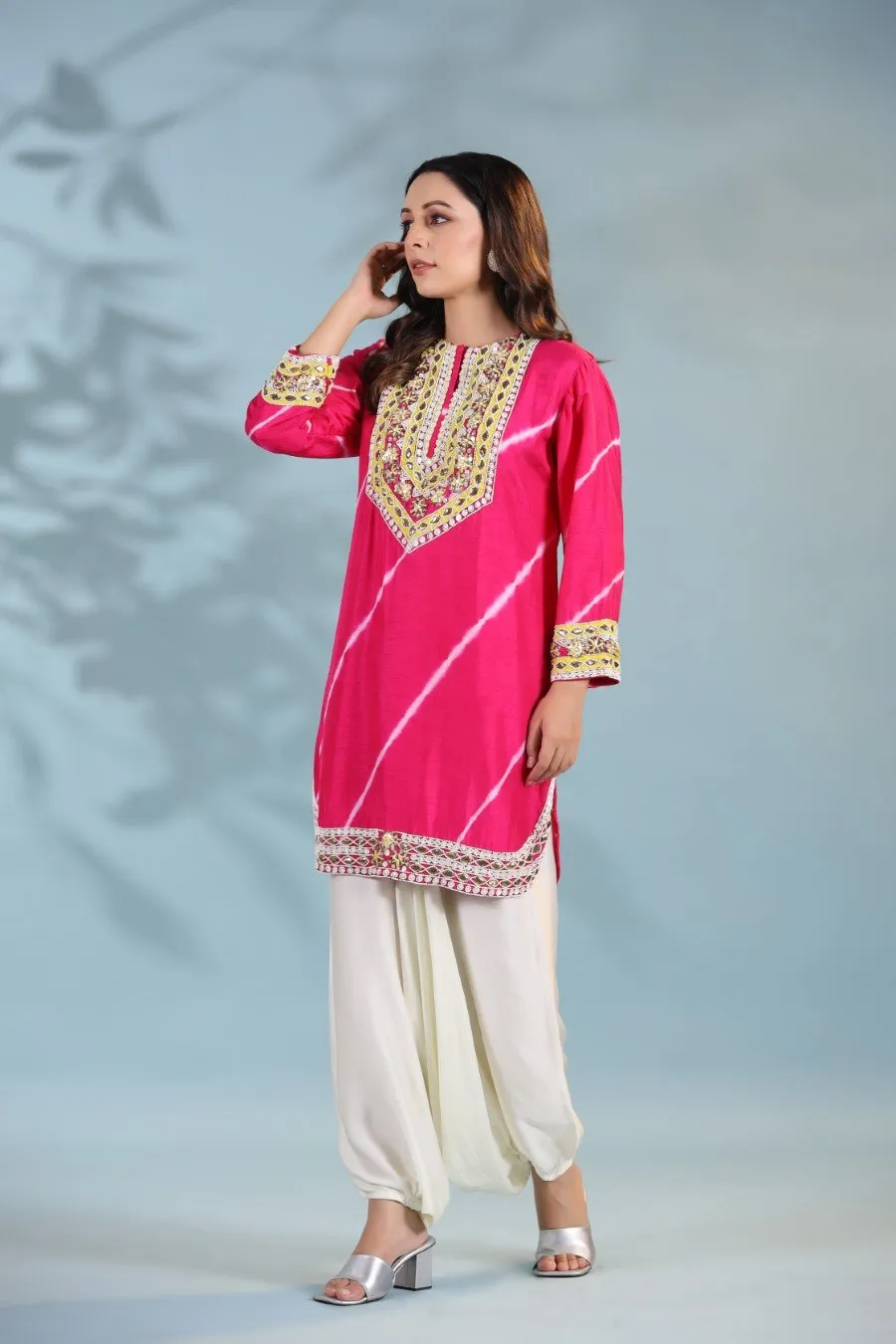 Cersie Pink Leheriya Embroidered Kurta with Harem Pants